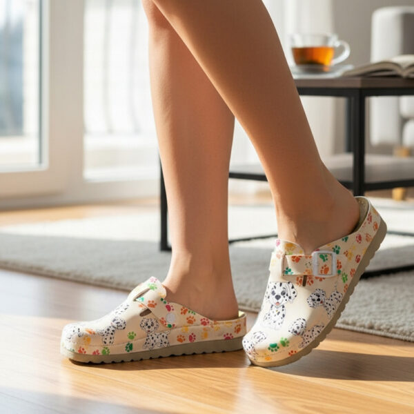 Nallan anatomske natikače sa motivom psa i kožnim uloškom – udobne ženske klompe