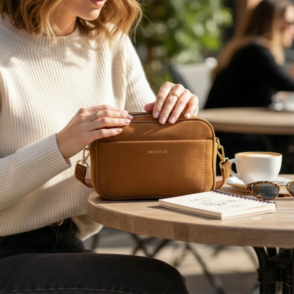 ženska mala velur konjak torbica