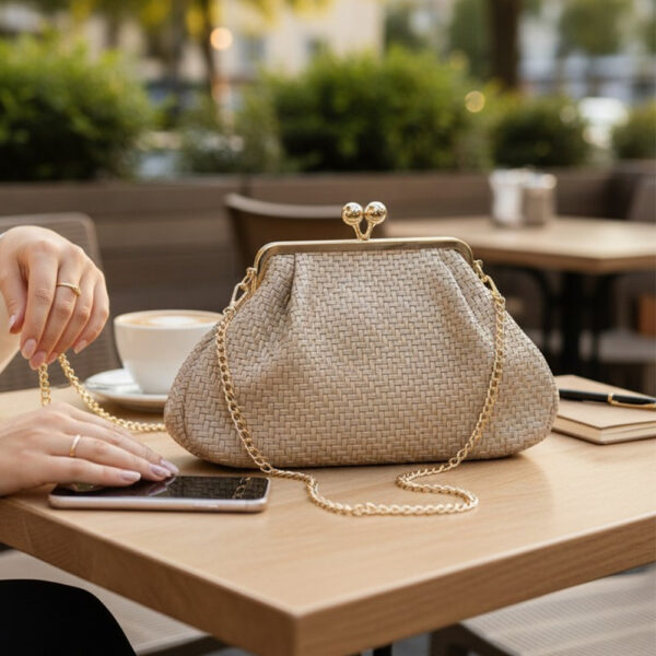 elegantna bež clutch torbica na stolu terasi kafića