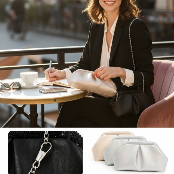 Elegantna ženska večernja torba s cirkonima u crnoj boji s lancem za nošenje