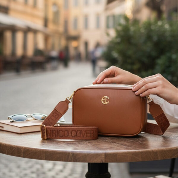 Enrico smeđa ženska torba preko ramena s dva remena na stolu u gradu