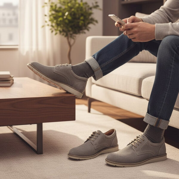 Muške sive Imac casual cipele nošene uz traperice u modernom dnevnom ambijentu