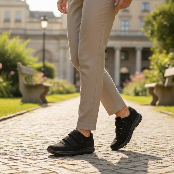 Muške crne cipele od brušene kože s čičak zatvaranjem tijekom hodanja po gradskoj stazi