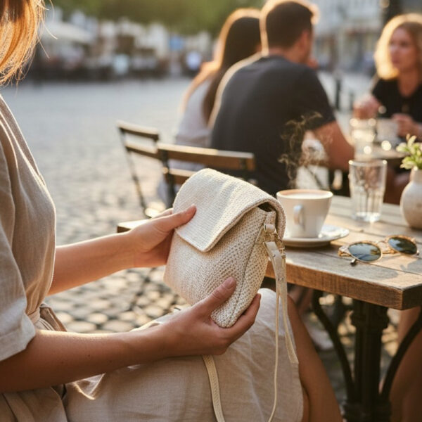 Mala ženska pletena torbica s remenom u ruci tijekom boravka u kafiću