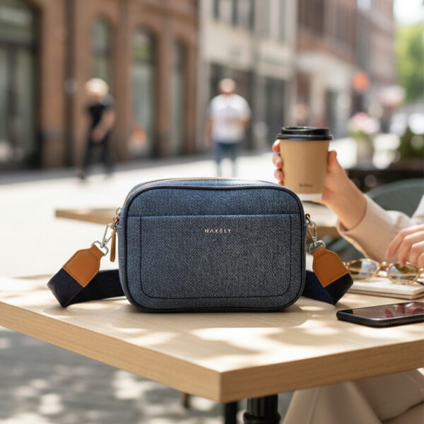 Ženska crossbody torbica od pletiva na stolu u kafiću uz šalicu kave