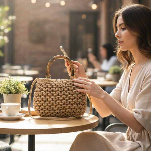 Pletena ženska torba s bambus ručkom u prirodnom boho stilu u bež boji