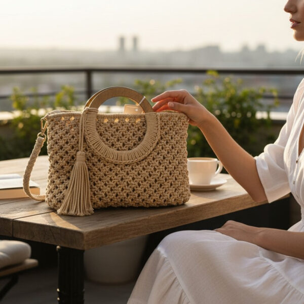 Ženska pletena torbica s drvenim ručkama i resicom na stolu na terasi