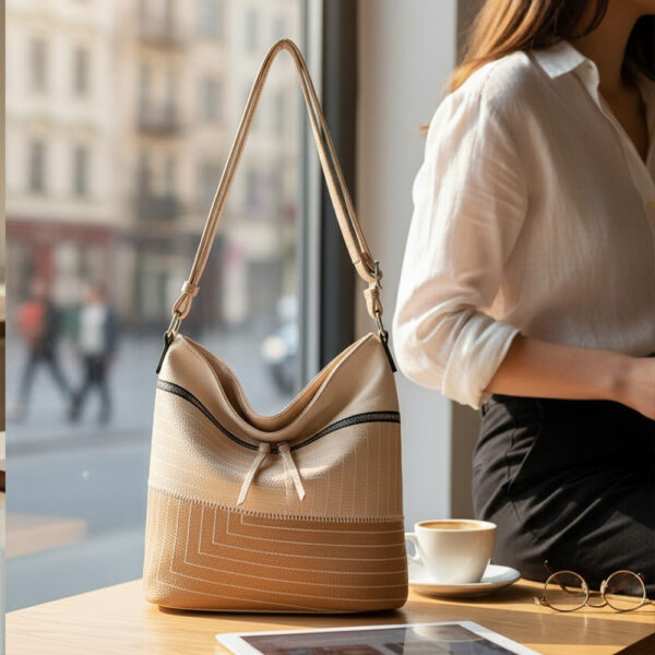 Elegantna bež ženska hobo torba preko ramena s modernim geometrijskim uzorkom, postavljena na stolu u urbanom ambijentu.