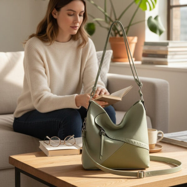 Ženska minimalistička torba zelene boje na stolu u modernom interijeru