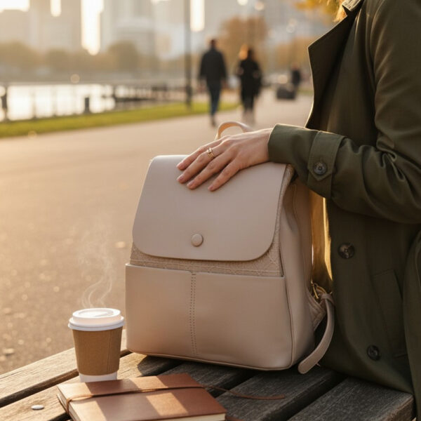 Ženski elegantni ruksak u bež boji na klupi u gradskom okruženju