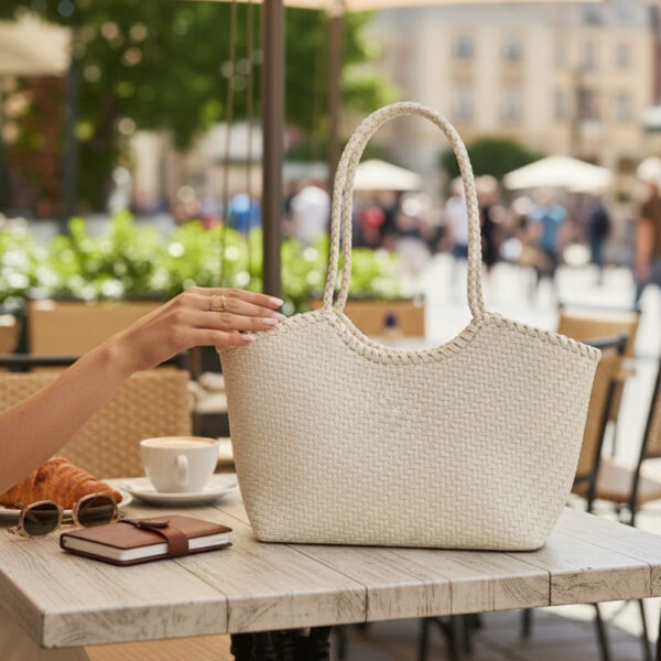 Velika ženska pletena torba na stolu u kafiću u ljetnom okruženju