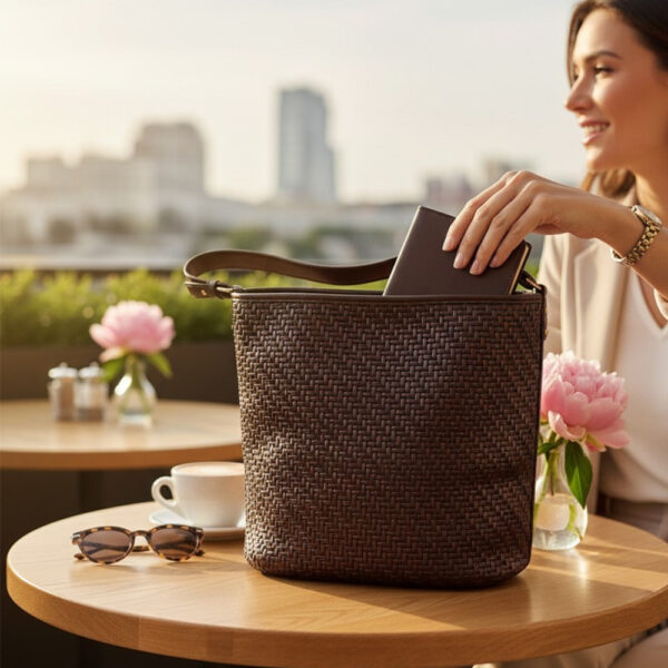 Ženska torba srednje veličine od umjetnog materijala na stolu u kafiću