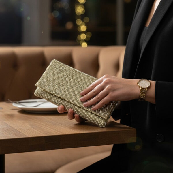 Elegantna ženska clutch torbica sa sjajnim efektom u ruci tijekom večernjeg izlaska