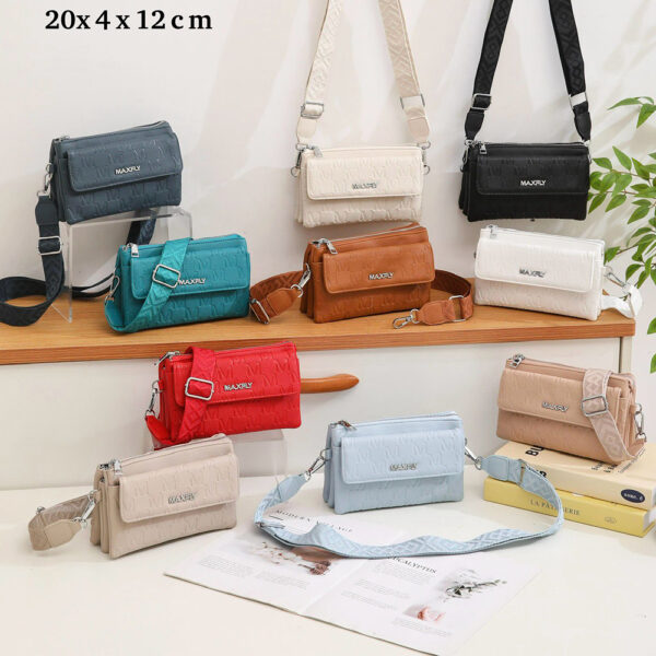 Ženska torbica preko ramena s više pretinaca i reljefnim uzorkom, dostupna u različitim bojama