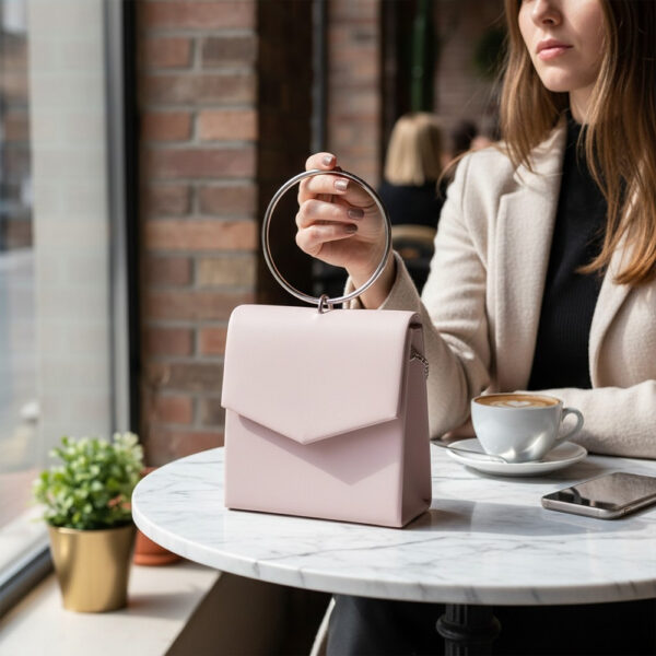 Ženska saten torbica s metalnom ručkom u elegantnom minimalističkom dizajnu na stolu u kafiću