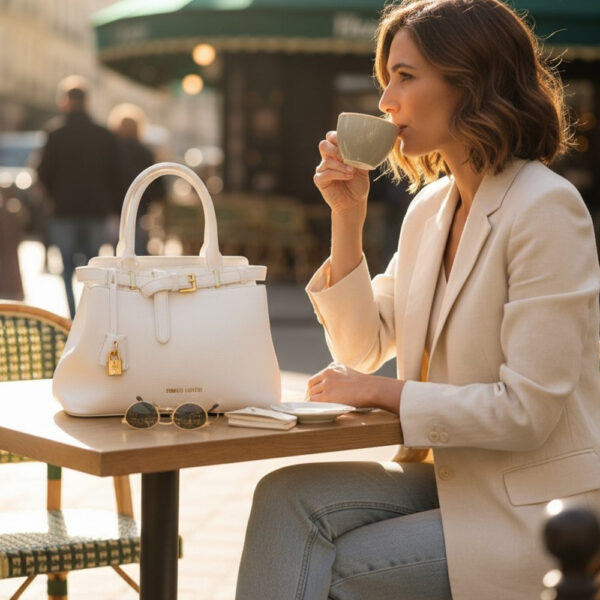 Enrico Coveri ženska bijela torba elegantnog dizajna s ručkama na stolu u urbanom okruženju