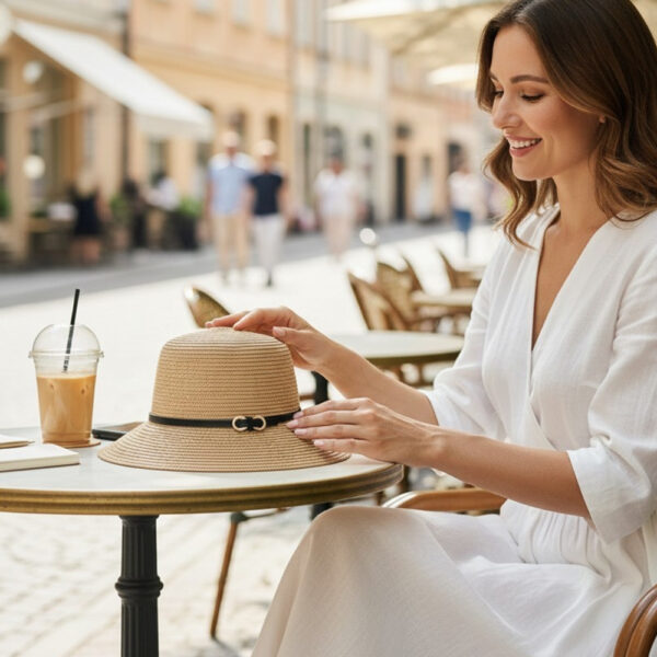 Ženski bež ljetni pleteni šešir s remenom na stolu u kafiću, elegantni minimalistički stil