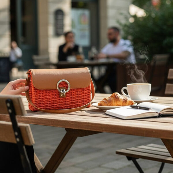 Ženska mala torbica u crveno-zelenoj boji na stolu u kafiću, retro boho stil