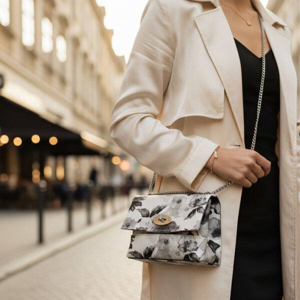 Ženska ručno rađena kožna torbica s cvjetnim uzorkom i lancem, elegantni vintage stil