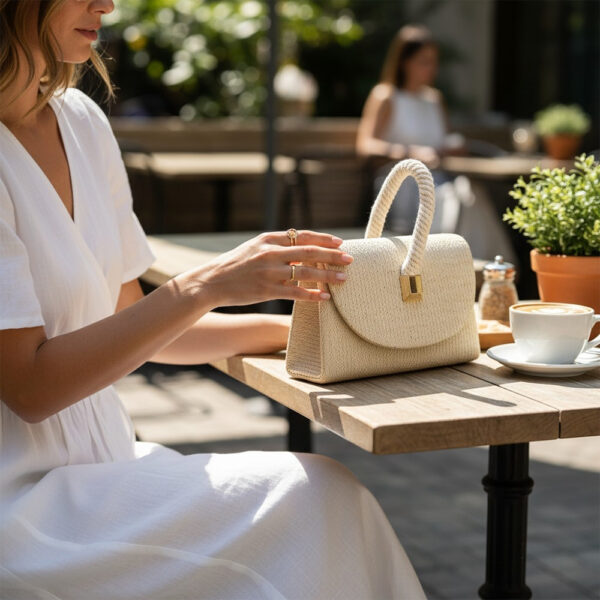 Elegantna bež pletena mini torba s ručkom i zlatnim detaljem na stolu u kafiću
