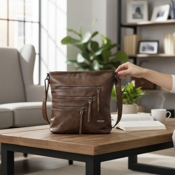 Ženska smeđa torba preko ramena s više patentnih pretinaca na drvenom stolu u modernom interijeru