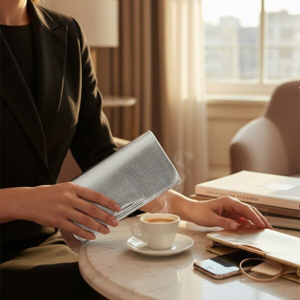 Elegantna srebrna pismo torba clutch u ruci žene uz kavu na stolu