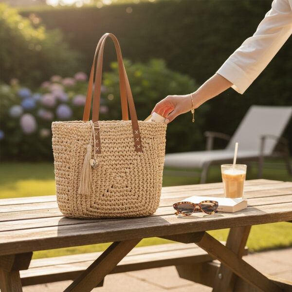 Ženska bež pletena torba s ručkama na drvenom stolu u vrtu, ljetni boho stil