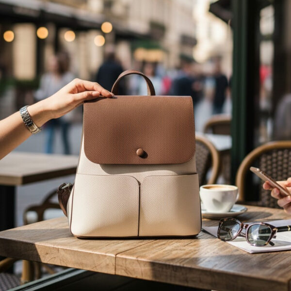 Ženski elegantni ruksak bež i smeđe boje minimalističkog urbanog dizajna