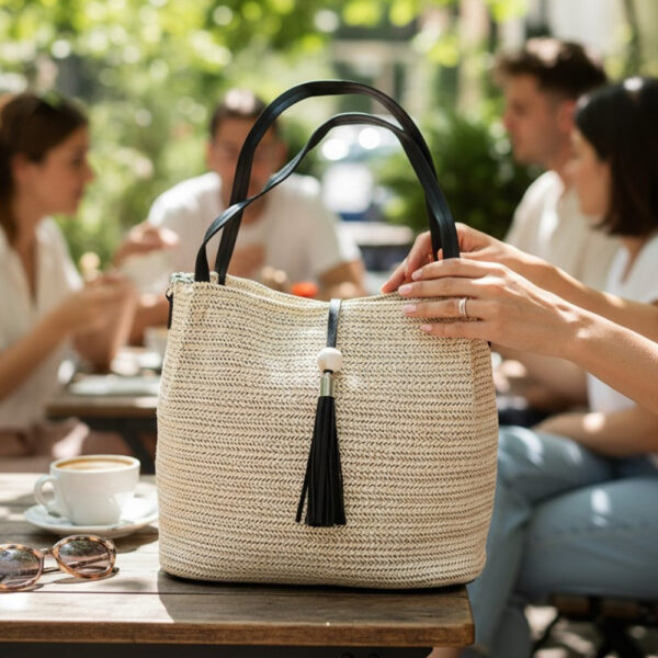 Ženska pletena torba s resicom i crnim ručkama u urbanom ljetnom boho stilu