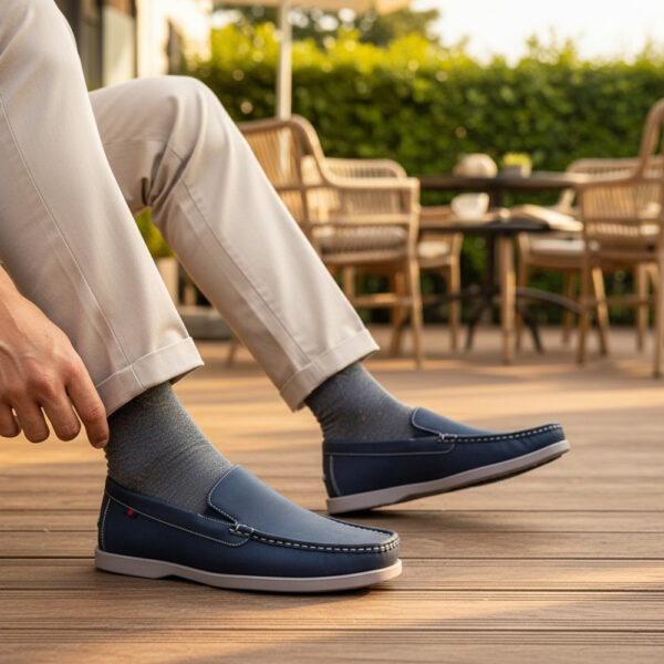 Muške plave mokasinke od umjetne kože s prirodnim kožnim uloškom u Yacht Casual stilu i laganim fleksibilnim potplatom.