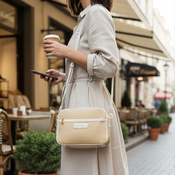 Ženska crossbody torba s dekorativnom prirodnom teksturom, dugim remenom i patentnim zatvaračem. Moderan minimalistički model dostupan u više boja za svakodnevno nošenje.