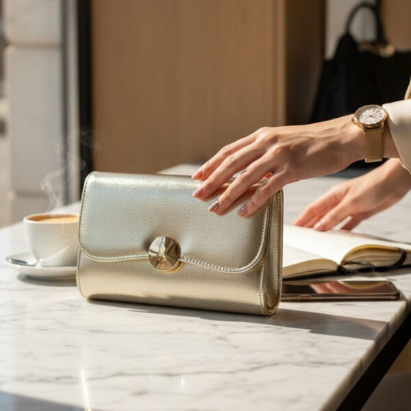Elegantna ženska clutch torbica u zlatnoj metalik boji s dekorativnom okruglom kopčom. Idealan modni dodatak za vjenčanja, proslave, svečane večere i večernje izlaske.