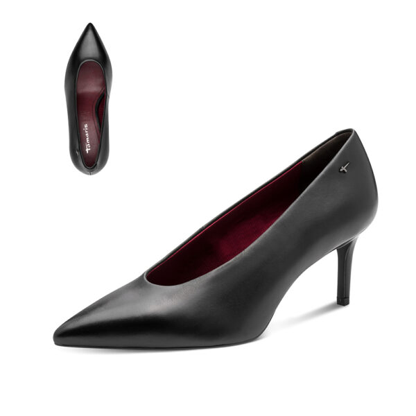 Ženske Tamaris kožne salonke u crnoj boji sa špicastim vrhom i elegantnom petom visine 70 mm. Klasičan model za poslovne i svečane kombinacije.