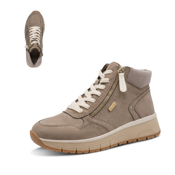 Ženske Jana TEX high-top sneaker gležnjače 26268-45 u taupe-bež boji s vezicama, patentom i podignutim sportskim potplatom.