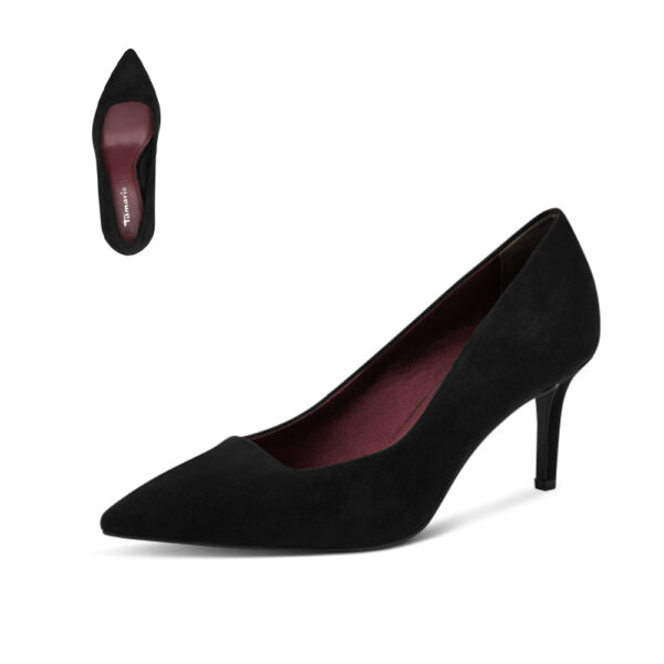 Ženske Tamaris salonke od crnog velura sa špicastim vrhom i elegantnom tankom petom.