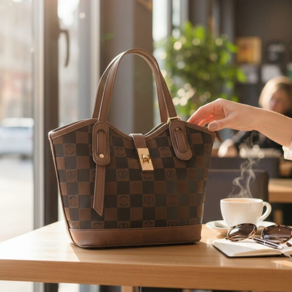 Ženska monogram shopper torba smeđe boje s geometrijskim uzorkom, čvrstim ručkama i elegantnim dizajnom za posao i svakodnevno nošenje.