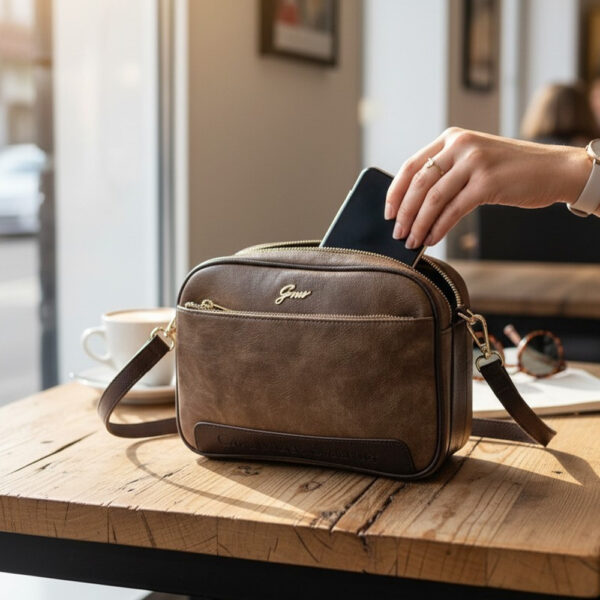 Elegantna ženska box crossbody torba smeđe boje s prednjim džepom na patent, podesivim remenom i modernim minimalističkim dizajnom.