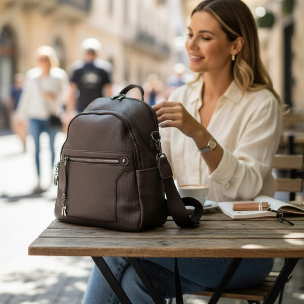 Elegantna ženska ruksak torba u modernom minimalističkom dizajnu s prednjim džepom na patent i podesivim naramenicama, dostupna u više boja.