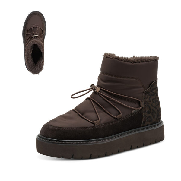 Ženske Tamaris WIDE FIT snow gležnjače 86204-47 u smeđoj boji s toplom podstavom, chunky platformom, elastičnim vezicama i leopard detaljem.