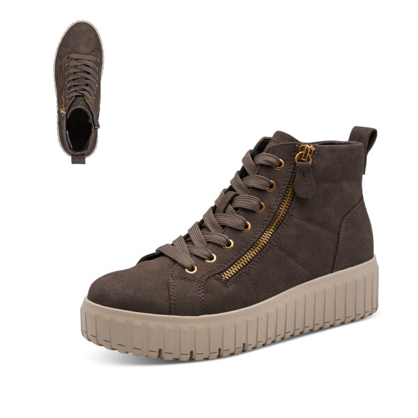 Ženske Jana WIDE sneaker gležnjače 25264-45 u taupe-smeđoj boji s platform potplatom, vezicama, patentom i zlatnim detaljima.