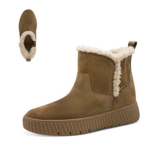 Ženske kožne Tamaris WIDE FIT STEP IN gležnjače 86422-45 u cappuccino boji s toplom podstavom, DUOtex membranom i platform potplatom.