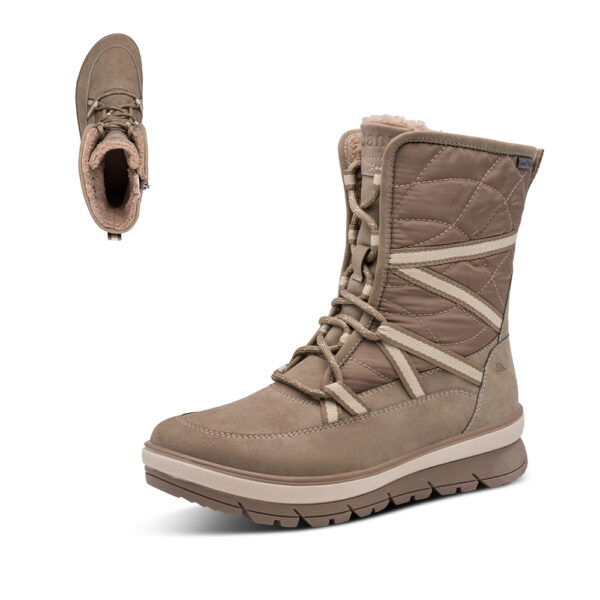 Ženske Jana TEX snow boot gležnjače 26279-47 u taupe boji s prošivenom sarom, toplim rubom, omotavajućim vezicama i profiliranim potplatom.