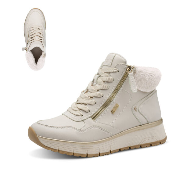 Ženske Jana TEX ivory sneaker gležnjače 26268-45 s krznenim ovratnikom, vezicama, zlatnim patentom i podignutim potplatom.