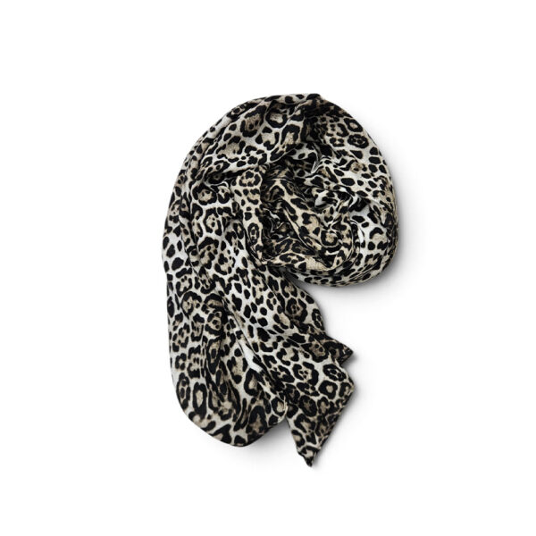 Ženski lagani šal s leopard životinjskim uzorkom i visokim udjelom viskoze, dostupan u crnoj, taupe bež i konjak varijanti.