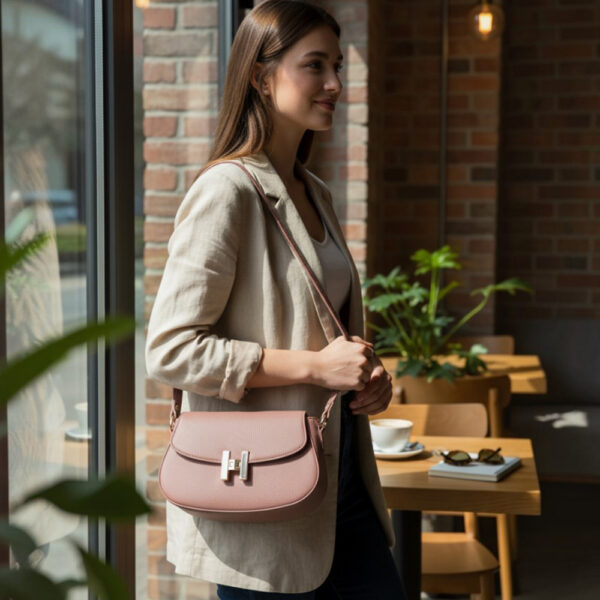 Ženska saddle crossbody torba s metalnim detaljem u ružičastoj boji