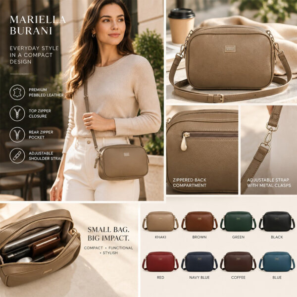 Mala ženska crossbody torba Mariella Burani zrnaste teksture s podesivim remenom, dostupna u više boja