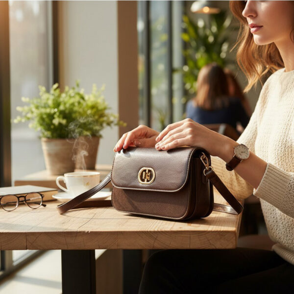 Ženska smeđa flap crossbody torba sa zlatnom kopčom
