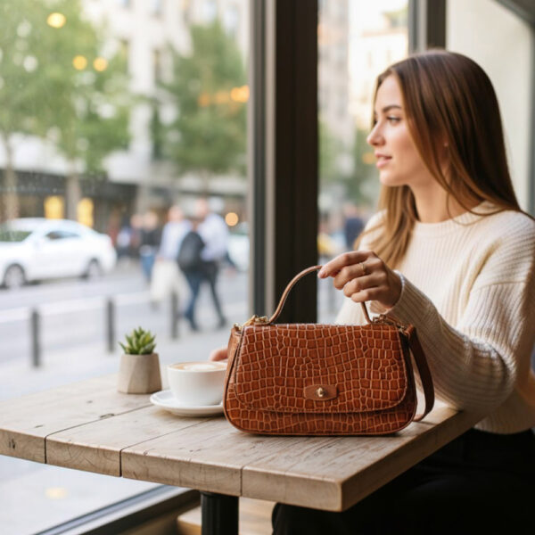 Ženska croc-effect top-handle torba u konjak boji s preklopom