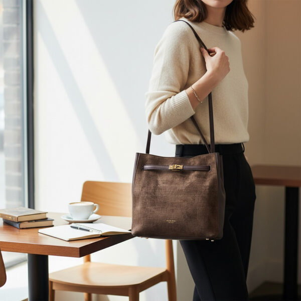 Ženska strukturirana kroko shopper torba u smeđoj boji
