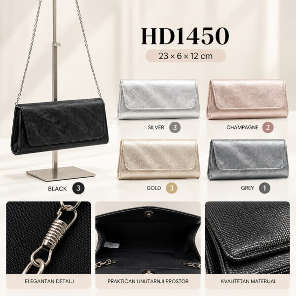 Ženska svečana clutch torbica HD1450 s metalnim lančićem i teksturiranom površinom, dostupna u pet boja.